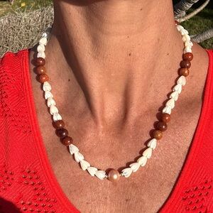 Sandalwood Mother of Pearl Pikake flower & Edison Pearl Sterling Silver Necklace